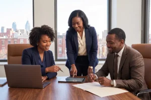 accounting office with two employees going over a customers growth chart