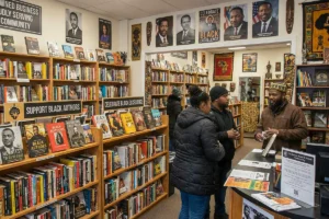 book store owner servicing customers