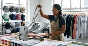 woman working at a heat press with new t shirt