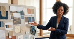 woman at mood board explaining marketing ideas