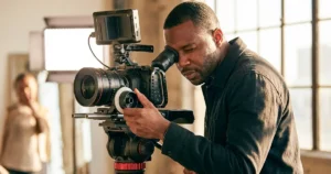 man with camera looking through viewfinder