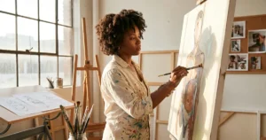 woman painting on canvas in studio