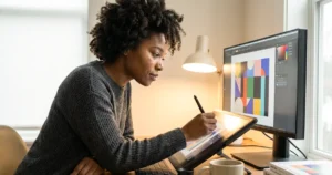 woman graphic designer on tablet and computer
