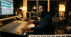 man sitting in music studio staring out waveforms on monitor