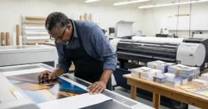 man proofing photo copy on printer