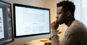 web designer looking at color pallette on a monitor