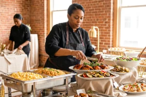 woman caterer preparing an elegant platter of chicken