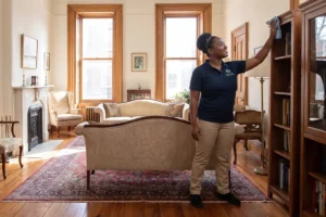 cleaning lady wiping bookshelves in a home