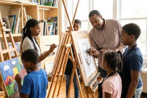 teacher in art room teaching children to paint and draw