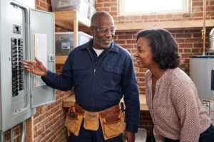 electrician helping a customer with electric panel