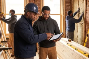 Contractors going over floor plans and framing a wall