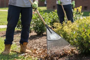 2 men raking leaves on lawn