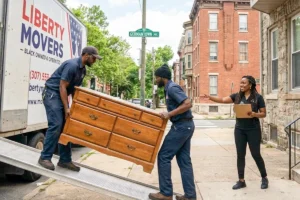 two male movers carrying a dresser from truck as owner guides them