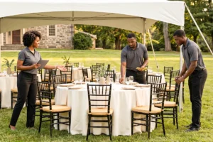 Party rental company setting up chairs and tables for client