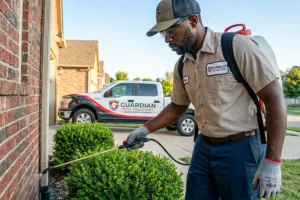 Pest control guy spraying the side of a home