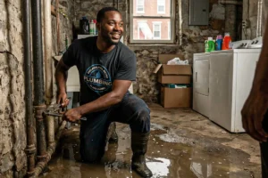 plumber in the basement fixing a leaking pipe