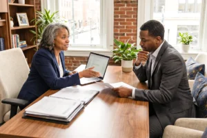 professional man and woman sitting at desk in office