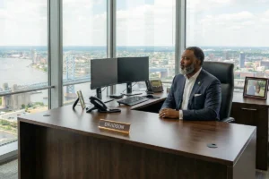 real estate and insurance broker sitting at his desk in high rise building on the waterfront