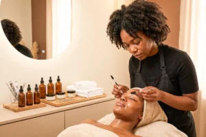 woman giving a client skincare treatment